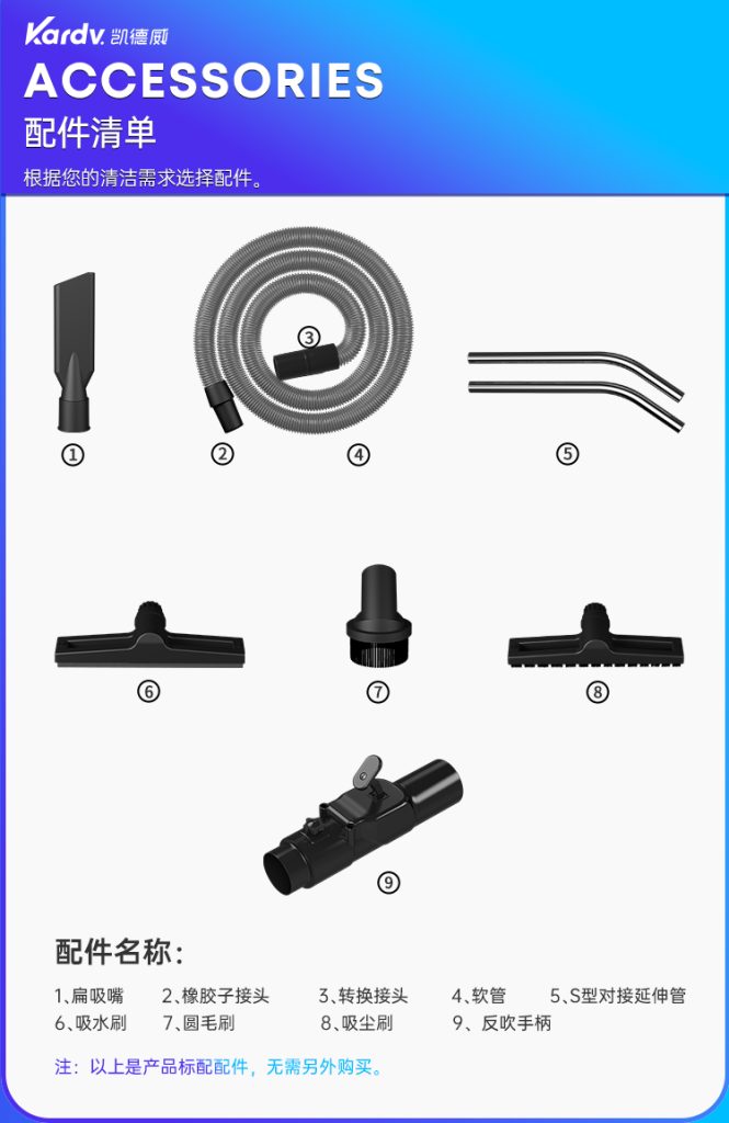 凯德威电瓶式吸尘器DL-3010L出厂标准配件